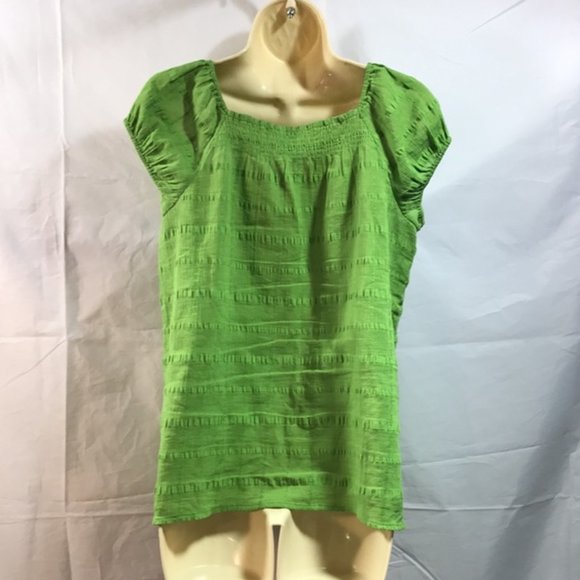 Ann Taylor LOFT Womens Top Blouse Size Small Cap Sleeve Elastic Striped Green - Picture 2 of 6
